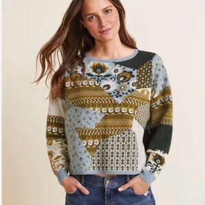 Garnet Hill Patchwork Crewneck Sweater in Light Blue and Olive.Recycled cashmere